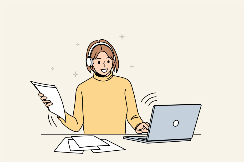 Smiling girl study online from home on computer